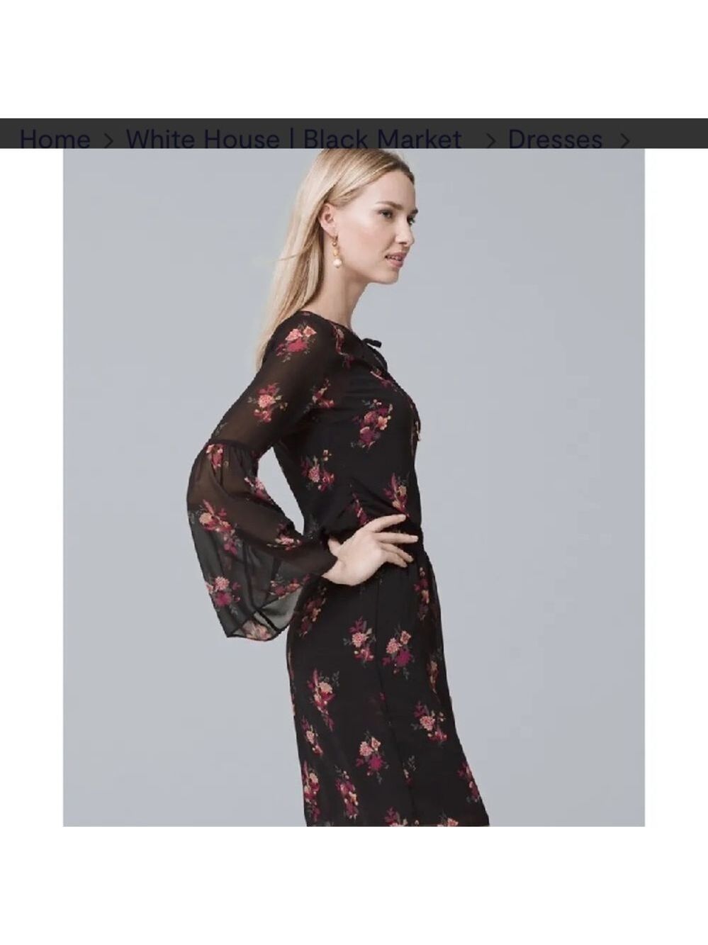 White House Black Market Black Floral Dress Bell Sleeve Pink Size Small Sheer - Picture 3 of 13